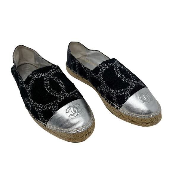 Chanel Black Tweed CC Espadrilles with Silver Cap Toe Jute Sole Flats Size 40 - Picture 2 of 10